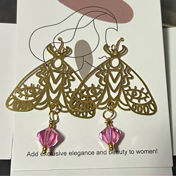 Boho Moth Earrings with Pink Swarovski Crystals - Picture 2 of 8